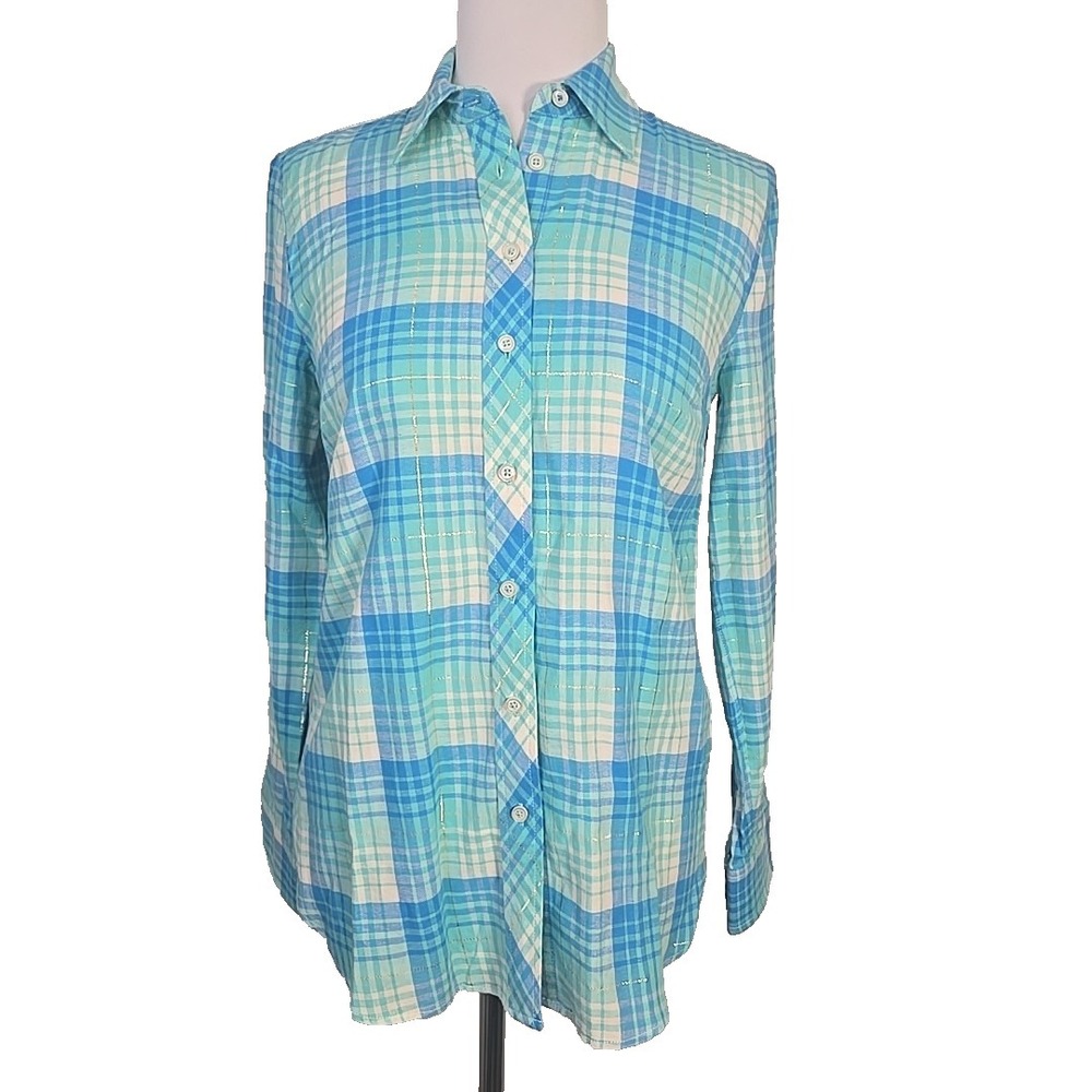 Talbots Blue Gold Plaid Button Front Long Sleeve Collared Shirt Top Women's XS